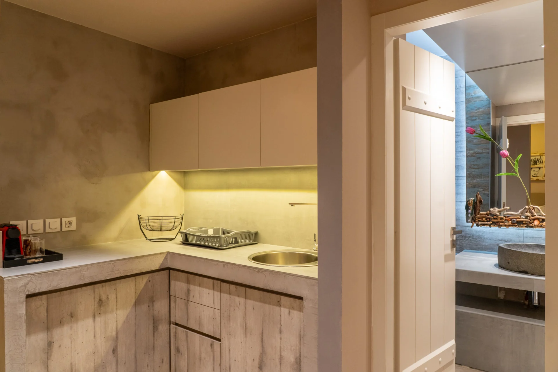 The fitted kitchenette in the Maggi Superior Suite at CORE Luxury Suites, Skiathos.